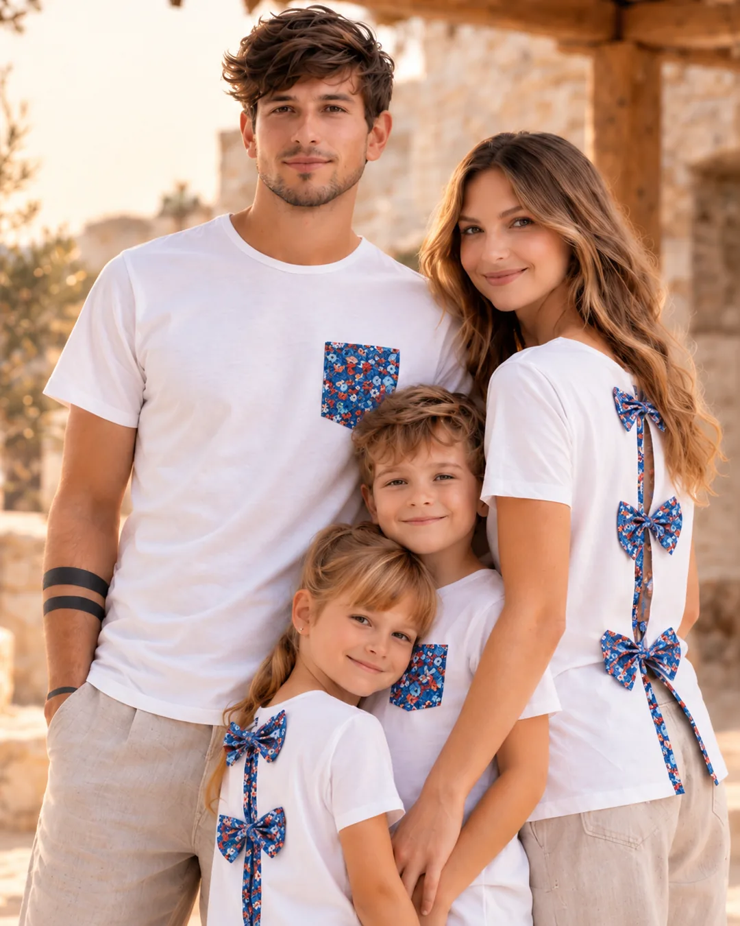 Familia con camisetas blancas VivalaVida a juego con detalles florales