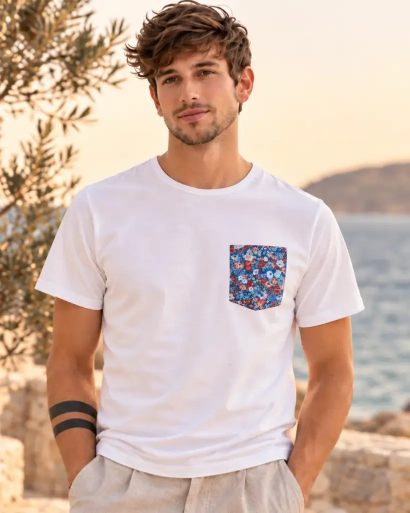 Hombre con camiseta blanca VivalaVida con bolsillo de estampado floral