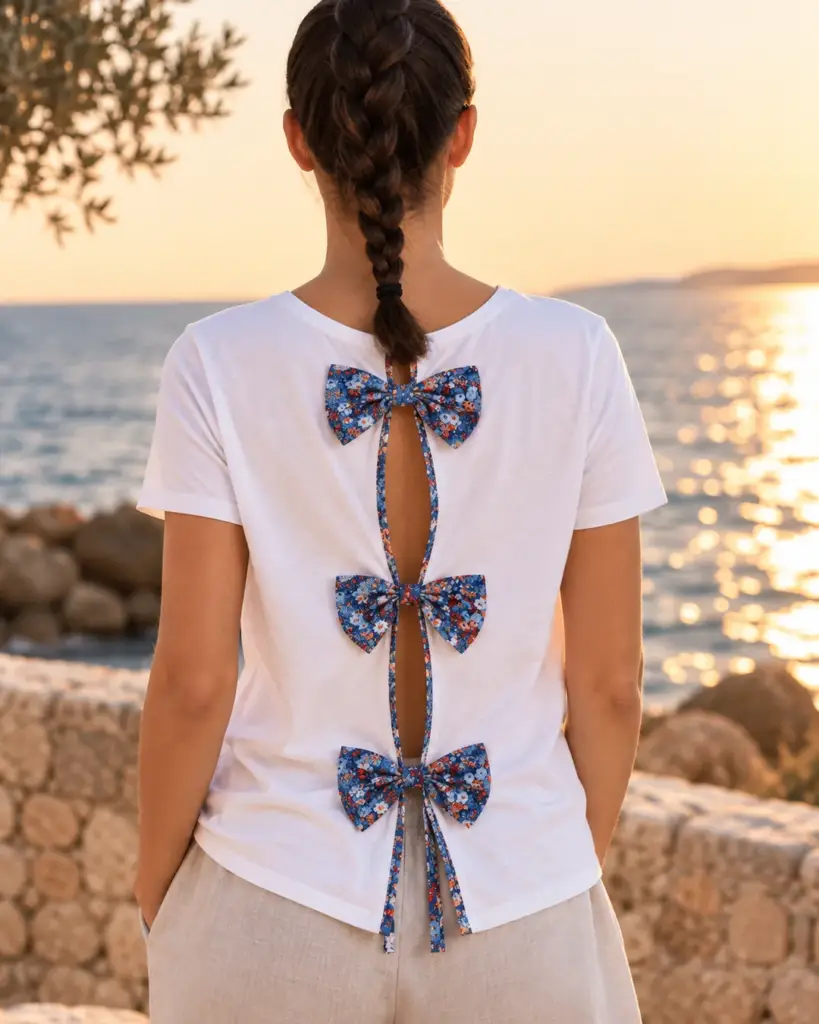Mujer de espaldas con camiseta blanca VivalaVida con lazos florales