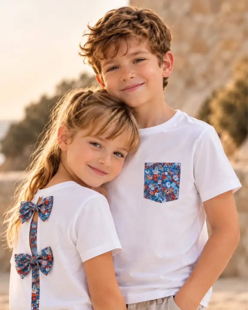 Niña y niño con camisetas blancas VivalaVida con lazos y bolsillo floral