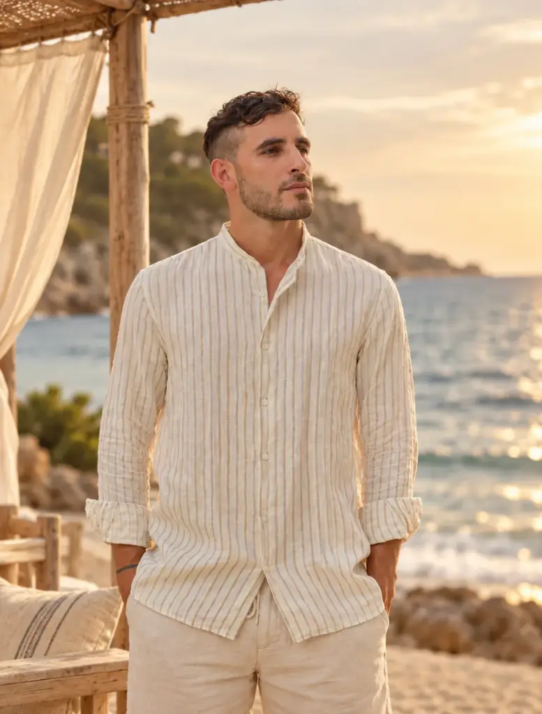 Hombre con camisa de lino a rayas junto al mar