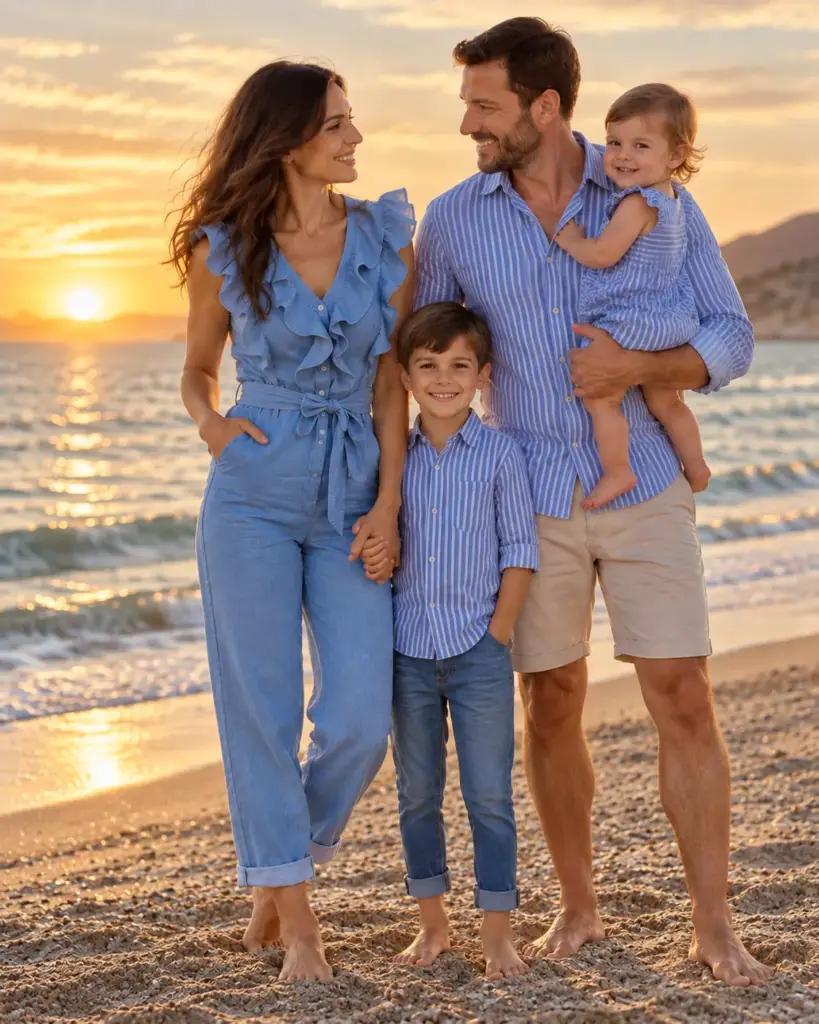 Familia con looks coordinados en azul en la playa al atardecer