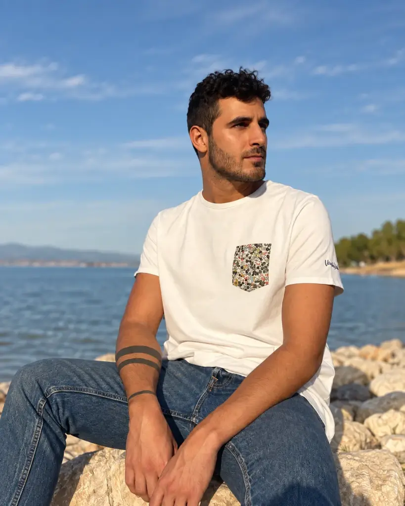 Hombre con camiseta blanca de bolsillo floral sentado junto al mar