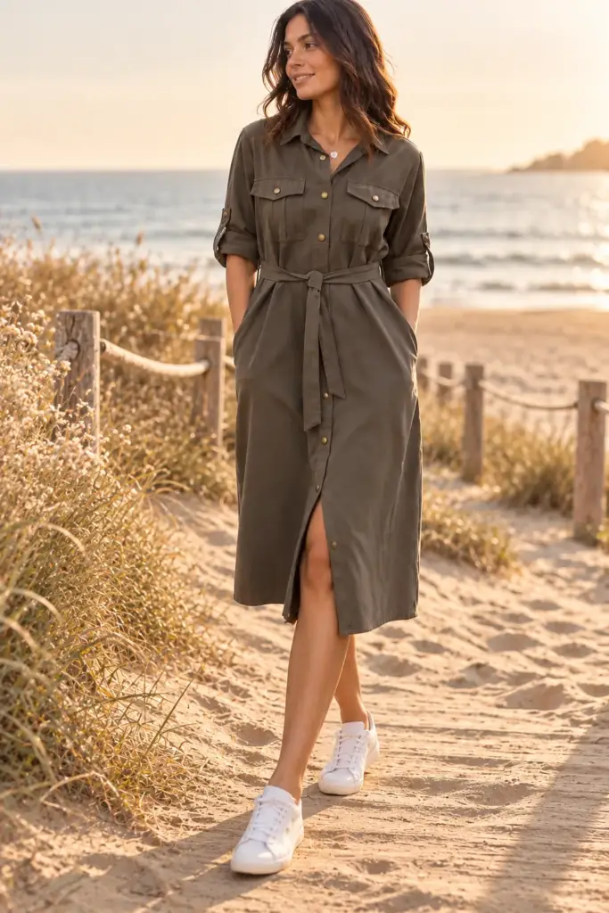 Mujer con vestido camisero verde caminando hacia la playa