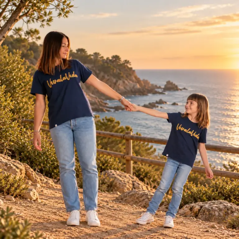Madre e hija con camisetas azul marino VivalaVida paseando por la costa