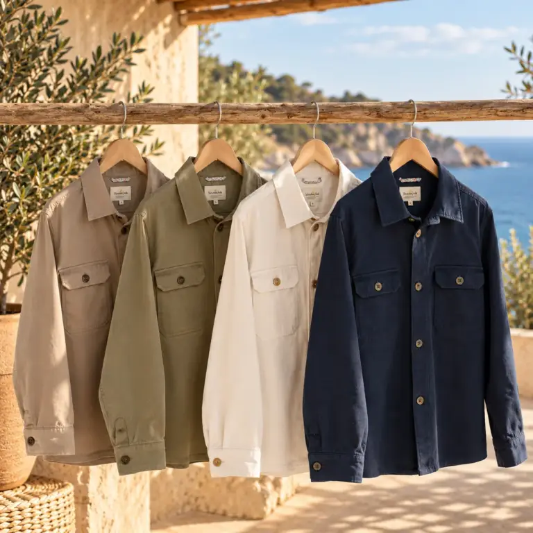 Sobrecamisas VivalaVida colgadas en una terraza mediterránea