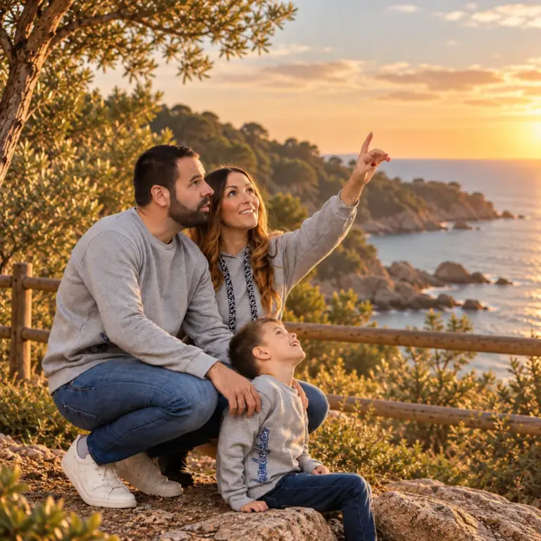 Familia con sudaderas grises mirando el atardecer sobre el mar