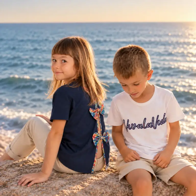 Hermanos sentados en las rocas con camisetas VivalaVida