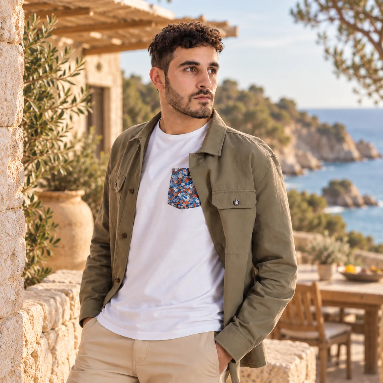 Hombre con sobrecamisa verde y camiseta de bolsillo floral en una terraza