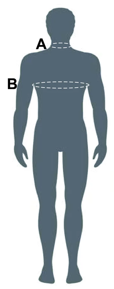 Puntos de medida para hombre: A cuello, B pecho